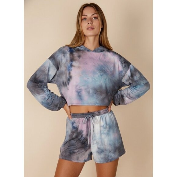 Blue Blush Other - NWT Tie Dye Cropped Hoodie & Shorts 2 Piece Set | Athleisure Barbiecore Lounge L